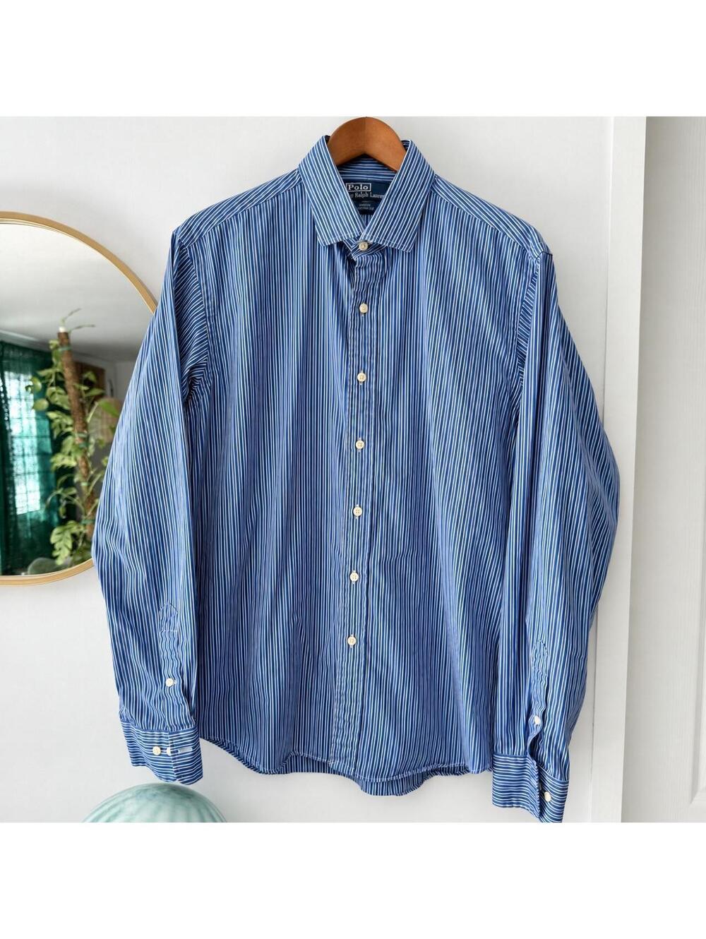 Polo Ralph Lauren Men's Blue and White Striped Button-Up Shirt, Regent CustomFit
